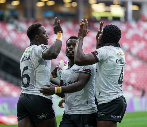 Shujaa players celebrate after scoring in a past match. PHOTO/@KenyaSevens/X
