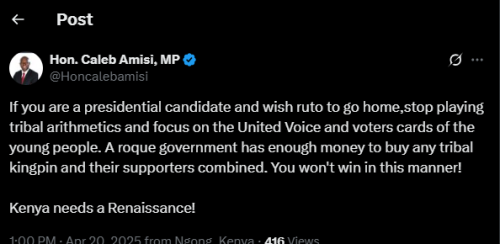 A post shared by Caleb Amisi on his X account on Sunday, April 20, 2025. PHOTO/Screengrab by PD Digital from @Honcalebamisi