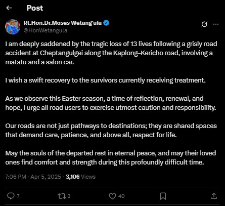 Part of the statement shared by speaker Moses Masika Wetang'ula on Saturday, April 5, 2025. PHOTO/Screengrab by PD Digital/@HonWetangula/X