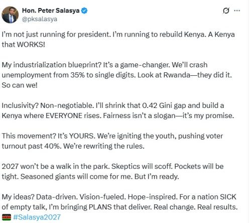 Statement by Peter Salasya on his goals for Kenya. PHOTO/A screengrab by People Daily Digital from an X post by @pksalasya