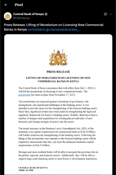 Part of the statement released by CBK on Wednesday, April 16, 2025. PHOTO/@CBKKenya/X