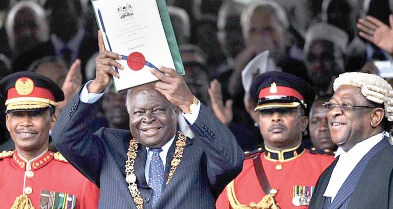 Then President Mwai Kibaki during the promulgation of the Constitution at Uhuru Park grounds in Nairobi on August 27, 2010. The promulgation marked a turning point for Kenya. PHOTO/PRINT