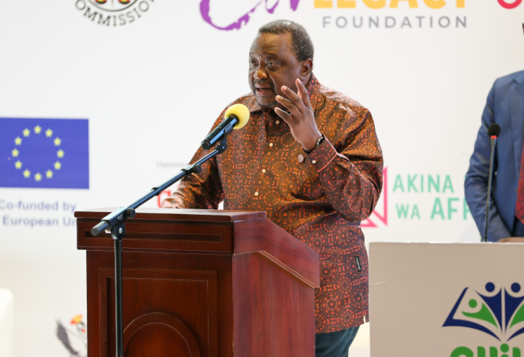 Retired President Uhuru Kenyatta speaks during the Guild Leaders Summit 2025 at the Makerere University on Thursday, April 24, 2025. PHOTO/@4thPresidentKE/X