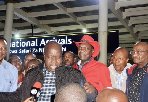 Former Interior Cabinet Secretary Fred Matiang’i (centre) arrives in the country from the USA on April 17, 2025. PHOTO/@HonKioni/X