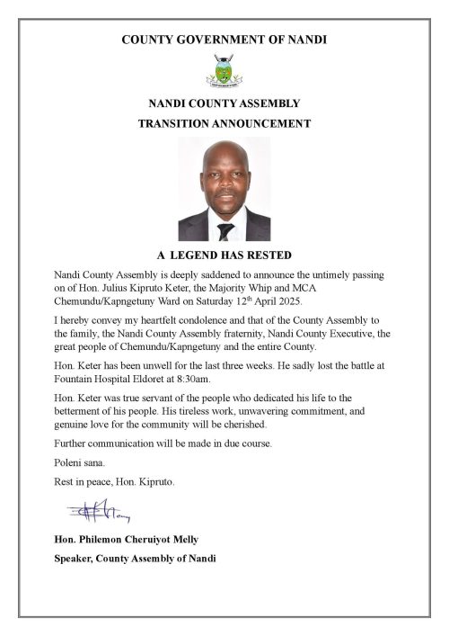 Julius Keter MCA dies.