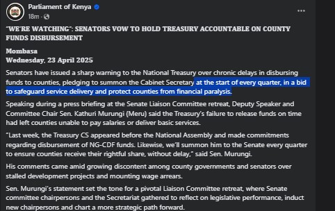 Part of the statement shared by Parliament of Kenya on Wednesday, April 23, 2025. PHOTO/https://www.facebook.com/ParliamentKE