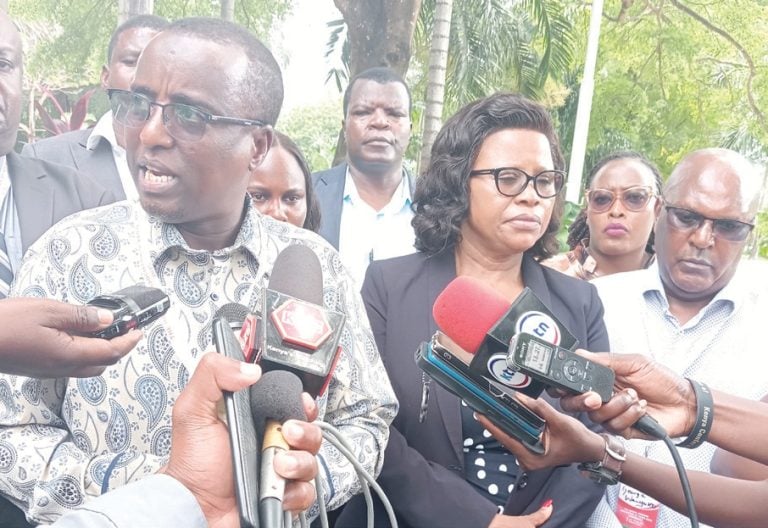 National Assembly Deputy Clerk Serah Kioko (centre) flanked by George Wanyoko (right) and Garissa County Assembly Speaker Abdi Idle Gure. PHOTO/Reuben Mwambingu