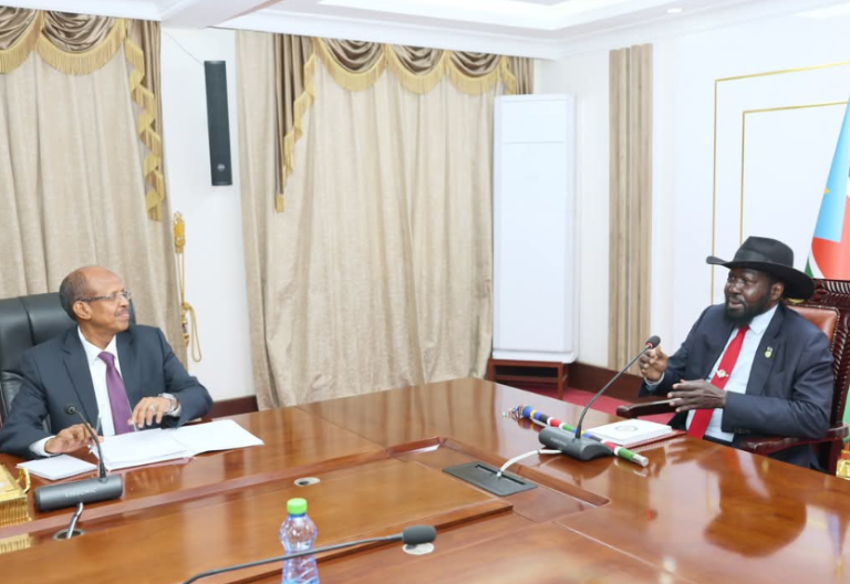 AUC chairperson Mahmoud Ali Youssouf with South Sudan President Salva Kiir. PHOTO/@_AfricanUnion/X