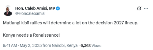 Screenshot of MP Caleb Amisi's statement.