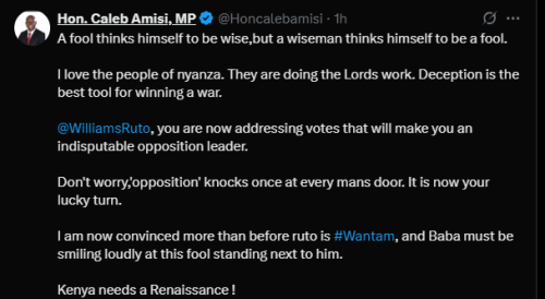 A post shared by MP Caleb Amisi on Thursday, May 29, 2025, on X. PHOTO/Screengrab by PD Digital from @Honcalebamisi