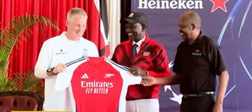 William Ruto receiving Arsenal autographed jersey from Manchester United Legend Bastian Schweinsteiger at State House, Nairobi on Friday May 2, 2025. PHOTO/ Screengrab by PD Digital/https://www.youtube.com/watch?v=JDU3T7Qbbso