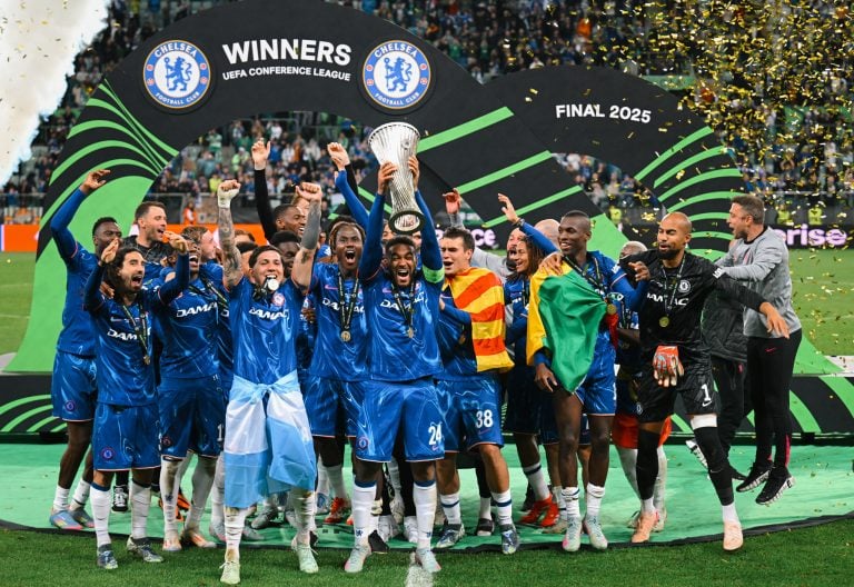 Chelsea players lifting the UEFA Conference League title. PHOTO/@ChelseaFC/X