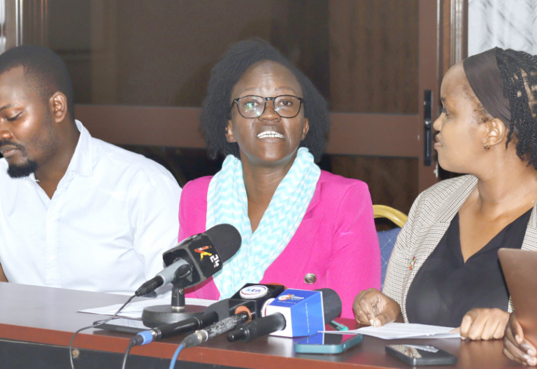 Rosebella Njeje, head of learning and development at Mtoto News and Jennifer Kaberi, founder and director of the group, at the press briefing yesterday. PHOTO/Philip Kamakya