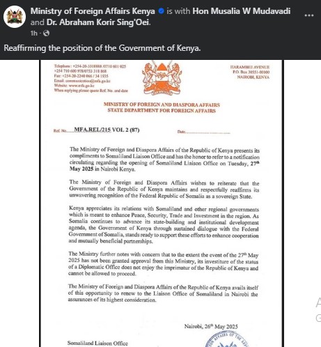 Part of the statement shared by the Ministry of Foreign Affairs on Thursday, May 29, 2025. PHOTO/screengrab by K24 Digital/https://www.facebook.com/ForeignOfficeKE