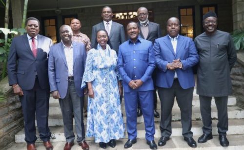 Fred Matiang’i, Rigathi Gachagua, Martha Karua, Eugene Wamalwa, Justin Muturi, Mintika Linturi, and Mukhisa Kitui after the meeting on Tuesday, April 29,2025. PHOTO/@MarthaKarua