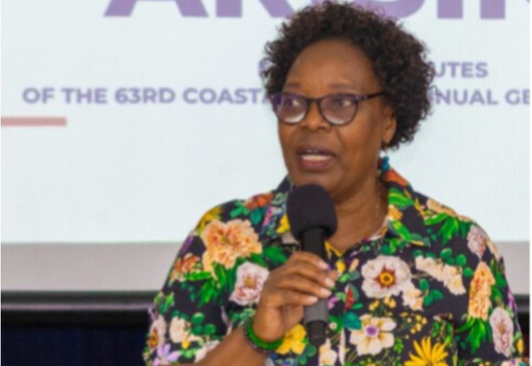 FKE CEO Jacqueline Mugo speaking during the Coast Region Branch FKE Annual General Meeting in Mombasa. PHOTO/https://www.facebook.com/FKEkenya