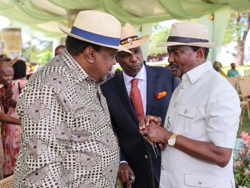 Former President Uhuru Kenyatta, Gideon Moi and Kalonzo Musyoka consult during the wedding. PHOTO/@4thPresidentKE/X