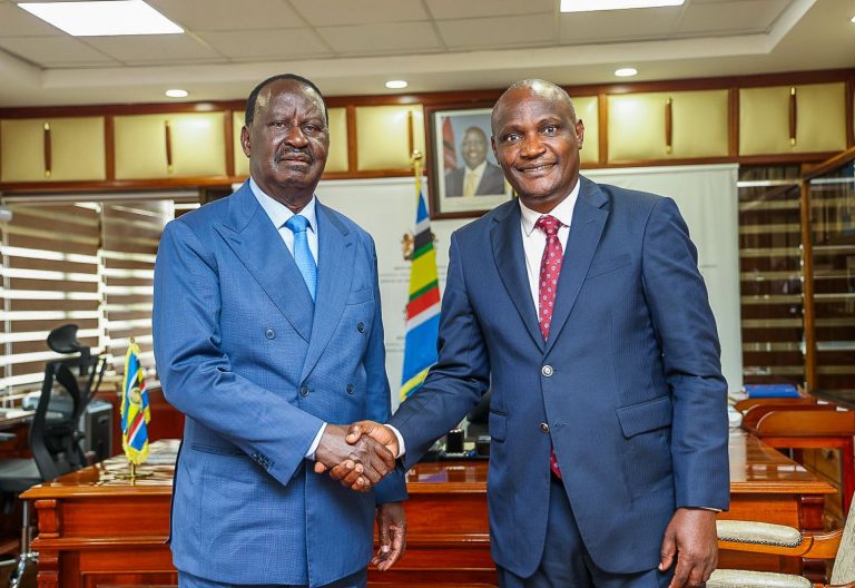 Raila Odinga poses for a photo with treasury CS John Mbadi on Thursday, May 15, 2025. PHOTO/@RailaOdinga/X