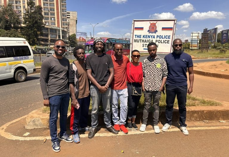 Nicholas Gichuki Wambugu, Brian Adagala, MarkDenver Karubiu and Chris Wamae with their lawyers pose for a picture outside Muthaiga Police station after their release. PHOTO/@JamesKWaNjeri/X