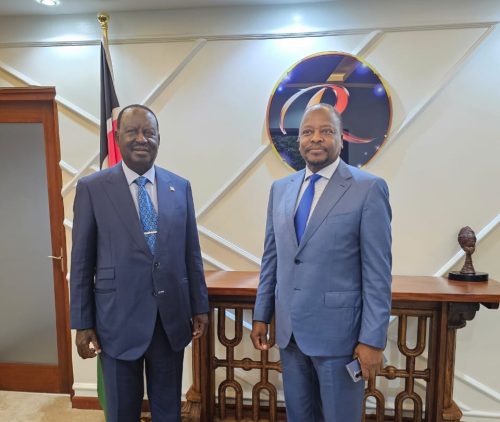 ODM party leader Raila Odinga poses for a photo with Agriculture Cabinet Secretary Mutahi Kagwe on Monday, May 12, 2025. PHOTO/@RailaOdinga/X