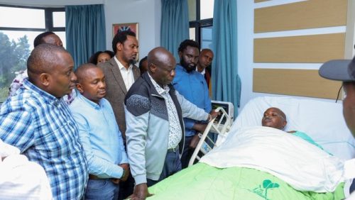 Rigathi Gachagua and several other leaders visit George Koimburi at the hospital in Karen on May 26, 2025. PHOTO/@rigathi/X