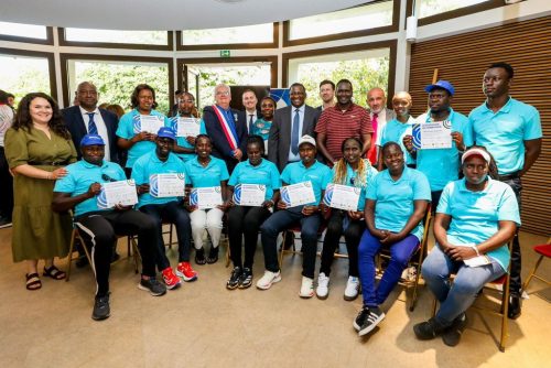 Salim Mvurya with Mayor Frédéric Vigouroux and officials during the graduation of 12 Kenyan coaches under the House of Coaches project in Miramas, France, on May 28, 2025. PHOTO/@Waziri_Mvurya/X