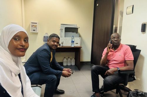 Activist-cum-journalist Hanifa Adan, VOCAL Africa CEO Hussein Khalid and former Chief Justice Willy Mutunga in an interrogation room at Julius Nyerere International Airport in Dar es Salaam, Tanzania. PHOTO/@husskhalid/X