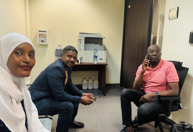Activist-cum-journalist Hanifa Adan, VOCAL Africa CEO Hussein Khalid and former Chief Justice Willy Mutunga in an interrogation room at Julius Nyerere International Airport in Dar es Salaam, Tanzania. PHOTO/@husskhalid/X