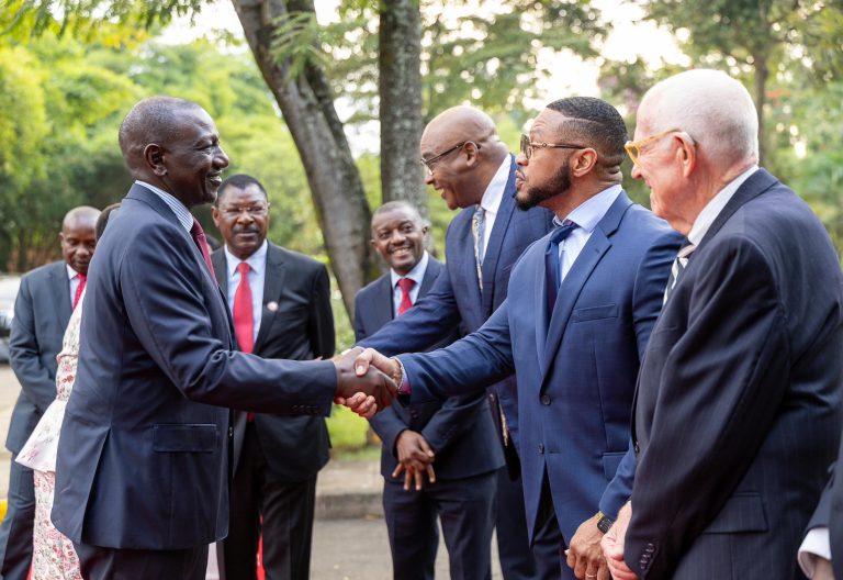 President William Ruto shaking hands with dignitaries at Safari Park Nairobi ahead of National Prayer Breakfast. PHOTO/@Senate_KE/X