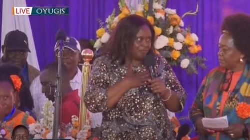 Jerusa Momanyi speaking during the late Charles Were's burial. PHOTO/https://www.youtube.com/watch?v=Jleb3J8hEEk