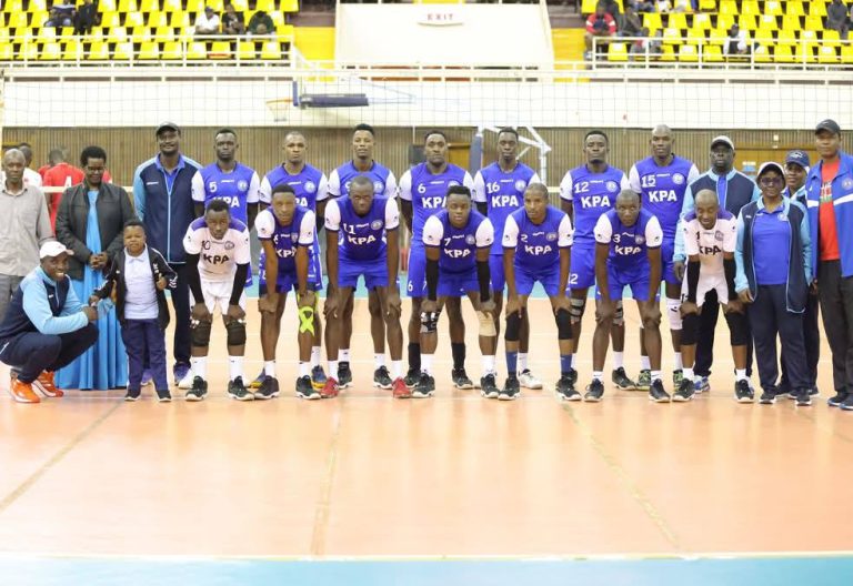 The triumphant KPA volleyball team
after punching their ticket to the Men\'s playoff finals. PHOTO/https://www.facebook.com/volleyballkenya/photos