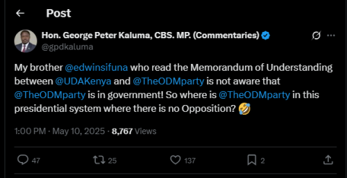 A post shared by MP Peter Kaluma on Saturday, May 10, 2025, on X. PHOTO/Screengrab by K24 Digital from @gpdkaluma