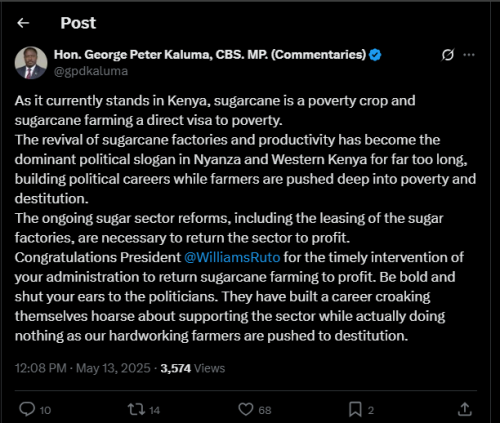 A post shared by MP Peter Kaluma on Tuesday, May 13, 2025, on his X account. PHOTO/Screengrab by PD Digital from @gpdkaluma