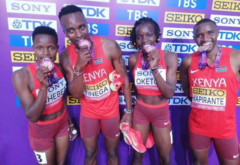 Kenya\'s mixed relay team (4x400m) displays their medal in China. https://www.facebook.com/profile.php?id=100064125911520&sk=photos.