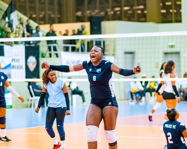 Meldina Sande celebrates during a past clash in the Rwanda Volleyball League PHOTO/https://www.facebook.com/RwandaVolleball/photos