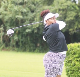 Virginia Munyao tees off on the par-four first hole at the Limuru Golf and Country Club, June 17, 2024. PHOTO/SPORT PICHA
