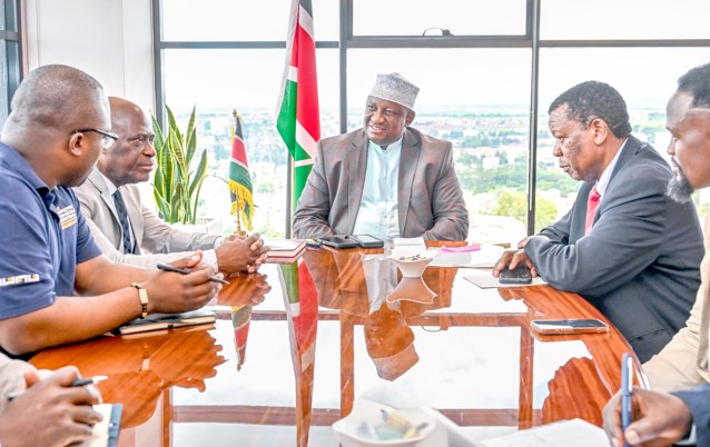 Sports CS Salim Mvurya speaks in a meeting with CAF officials yesterday. PHOTO/MOYASA