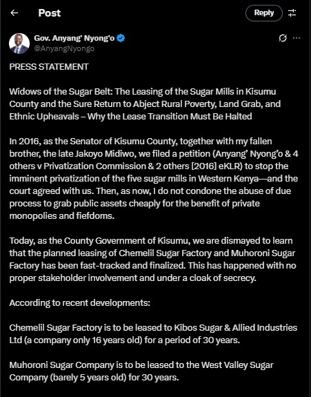 Part of the statement shared by Governor Anyang Nyong'o on Wednesday May 7, 2025. PHOTO/Screengrab by PD Digital/@AnyangNyongo/X