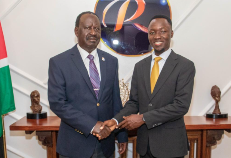 Former Prime Minister Raila Odinga and John Baptist Ouma, a young Ugandan politician who is vying for the position of Youth Representative. PHOTO/@RailaOdinga/X