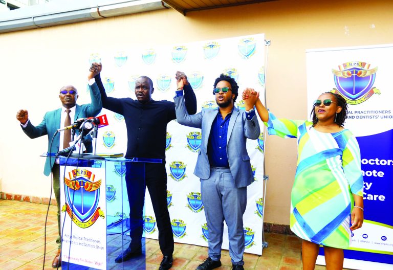 KMPDU officials led by National Chairman Dr Abi Mwachi during a press address on the Kiambu doctors strike on May 27, 2025. PHOTO/Print