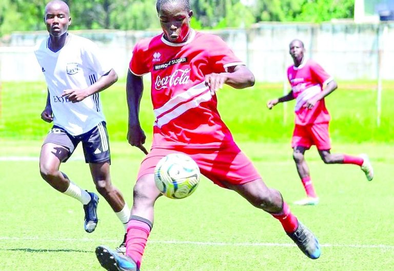 Kisumu Day Secondary School attacking midfielder Nicholas Otieno races towards opponent school’s ready to blast a goal-bound shot. PHOTO/Kisumu Day Secondary School