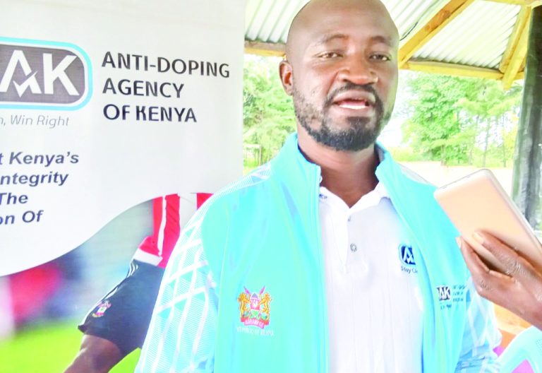 Head of Education and Research at ADAK Dr Martin Yauma briefs journalists at a Litein hotel in Kericho County after a sensitisation meeting on doping in sports. PHOTO/Philip Yegon