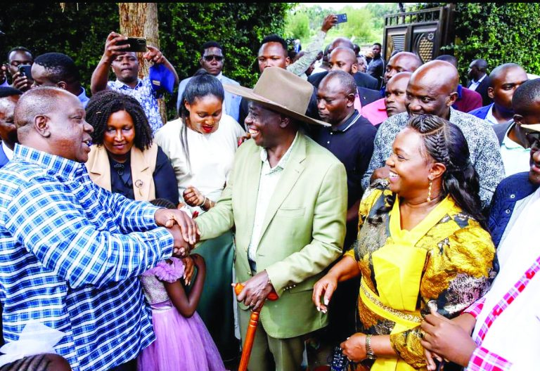 Former Deputy Rigathi Gachagua welcomes former interior CS Fred Matiang’i for thanksgiving service at Wamunyoro, in Nyeri county on May 4,2025, PHOTO/Paul Mutua