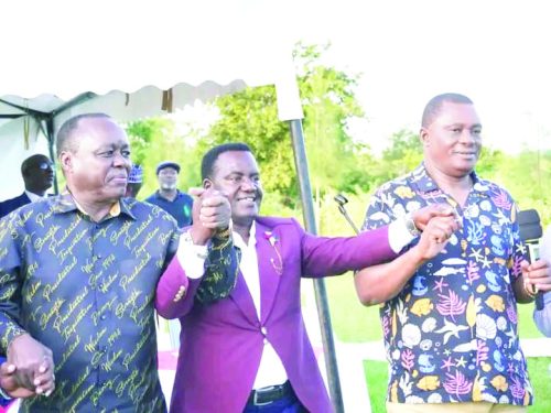 From left, Devolution Empowerement Party chairman Lenny Kivuti, Mumenji Ward Rep Newton Karish (centre) and Former Public Service Cabinet Secretary Justin Muturi when they endorsed Karish on Friday. PHOTO/Brian Malila