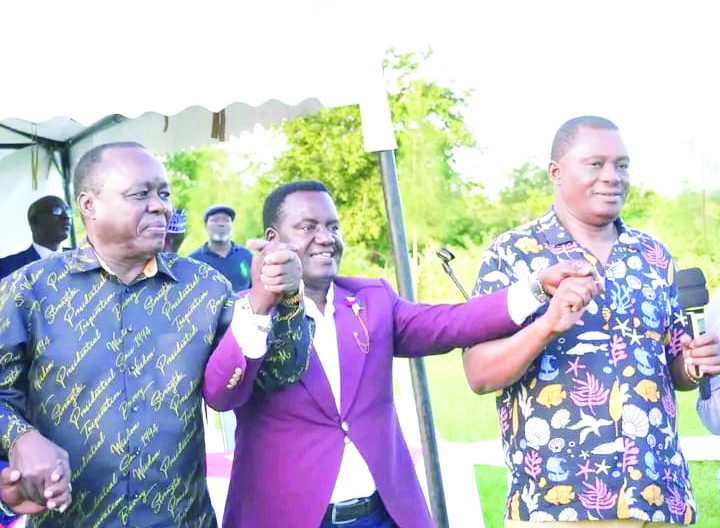 From left, Devolution Empowerement Party chairman Lenny Kivuti, Mumenji Ward Rep Newton Karish (centre) and Former Public Service Cabinet Secretary Justin Muturi when they endorsed Karish on Friday. PHOTO/Brian Malila