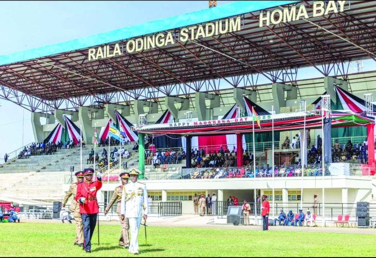Senior Kenya Defence Forces personnel inspect Raila Odinga Stadium during rehearsals in preparations for this weekend’s Madaraka Day Celebrations in Homa Bay. President William Ruto is expected to grace the event KDF. PHOTO/Print