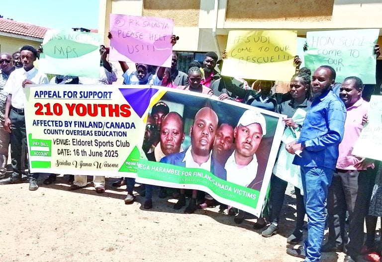 Parents and students who were conned out of millions of shillings in the Finland scholarship programme by senior officials from Uasin Gishu. They have now resorted to holding fund drives to assist students to study locally. PHOTO/Wycliff Kipsang