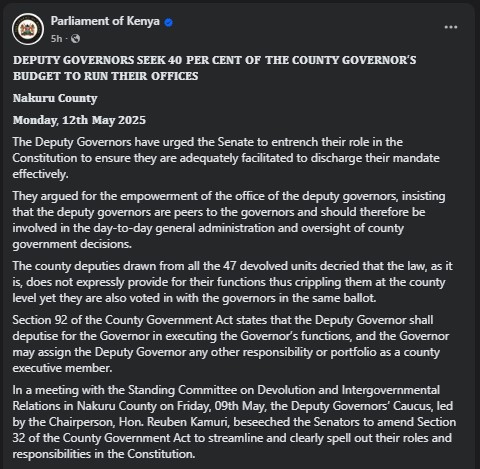 Part of the statement shared by Parliament of Kenya on Facebook on Monday May 12, 2025. PHOTO/ screengrab by PD Digital/https://web.facebook.com/ParliamentKE