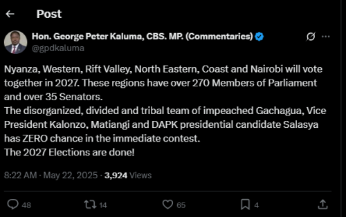 A post shared by MP Peter Kaluma on his X account on Thursday, May 22, 2025. PHOTO/Screengrab by PD Digital from @gpdkaluma