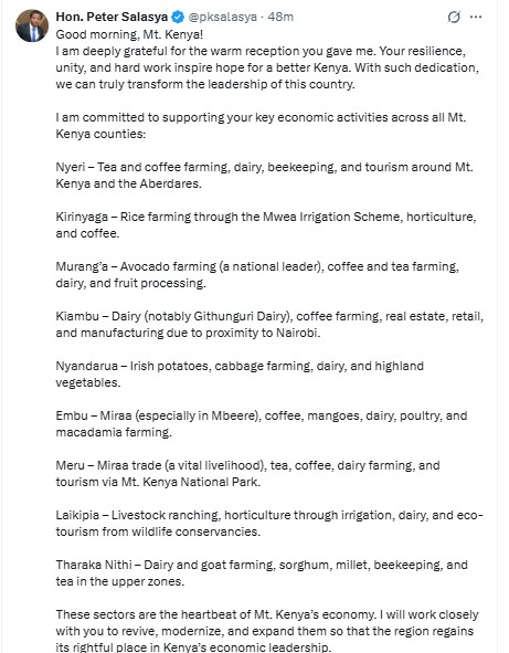 Peter Salasya's statement pledging to boost Mt Kenya's ecomonic sector. PHOTO/PHOTO/@pksalasya/X